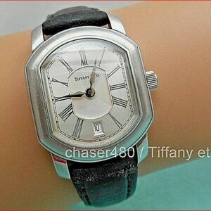Tiffany & Co Atlas Mark Coupe Watch Resonator Date Silver & Grey Black Leather